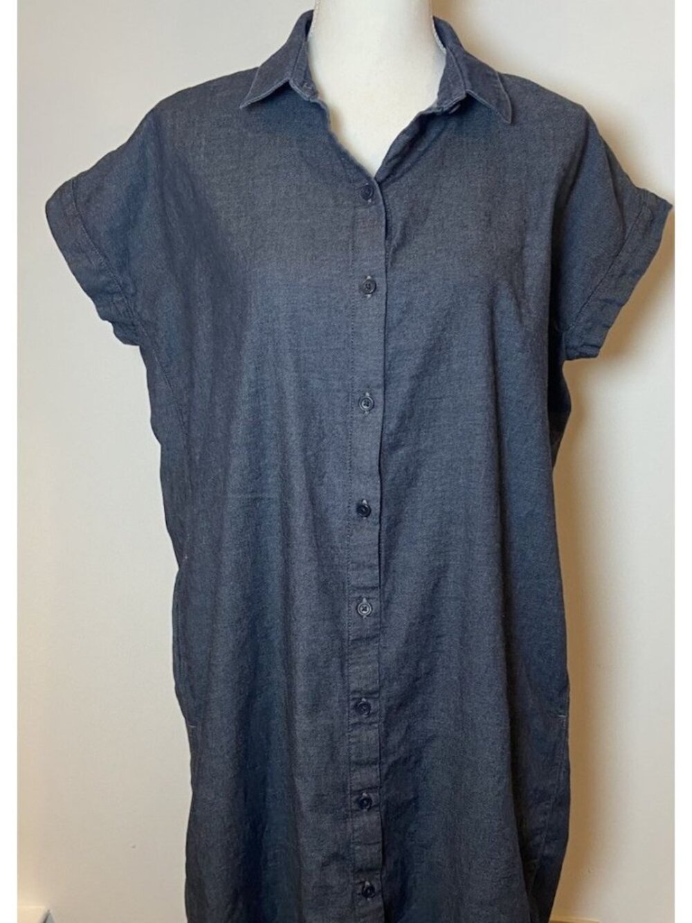 Eileen Fisher Shirt Dress Button Front Organic Cotton Denim Pockets Dark Blue M